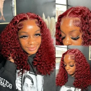 99J Burgundy Short Bob Wigs Human Hair 180 Density 4x4 Lace Front Wig Deep Wave Pre Plucked Transparent Lace Frontal Curly Wig