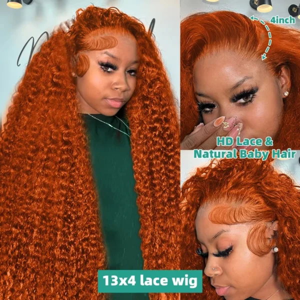 Orange colored Water wave 13x6 hd lace frontal human hair wig Preplucked deep wave 30 inch ginger lace front curly wigs on sale - Image 4