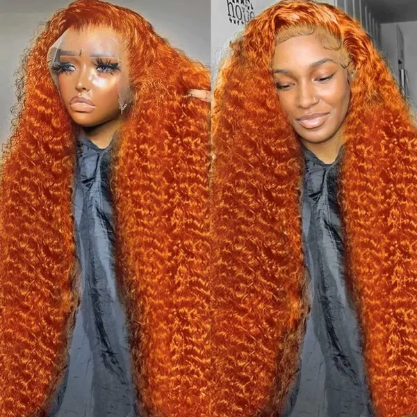 Orange colored Water wave 13x6 hd lace frontal human hair wig Preplucked deep wave 30 inch ginger lace front curly wigs on sale - Image 7