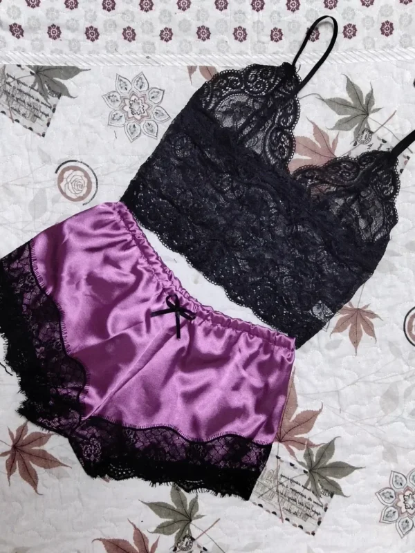 2 Pieces Pajamas Set for Women Sleepwear Sexy Lingerie Lace Silk Crop Tops and Shorts Sets Casual Nightwear Pijamas - Image 8