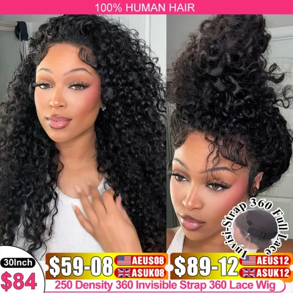 Invisi Strap HD 360 Full Lace Wig Human Hair 250 Density Precut 360 Lace Front Wig Deep Curly Glueless Wig Human Hair Wig