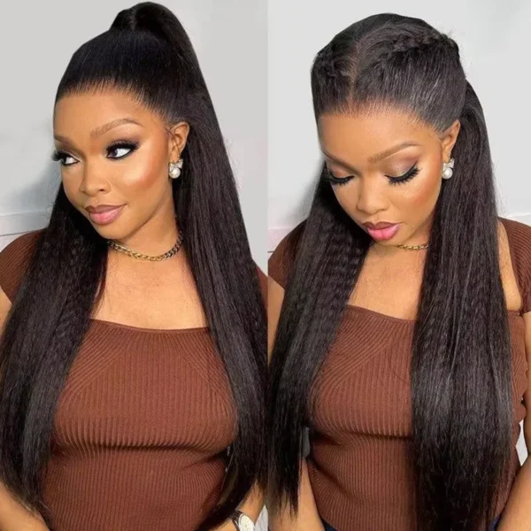 Kinky Straight 13x6 Hd Lace Frontal Wig 360 Hd Lace Black Wig Ponytail Yaki Straight 7x5 Wear And Go Glueless Human Hair - Image 4