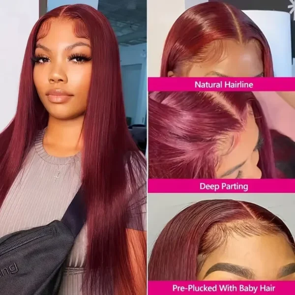 Burgundy 13x6 HD Lace Frontal Human Hair Wig Straight wig 13x4 Lace Front Human Hair Wigs For Women 99J Colored 200 High Density - Image 2