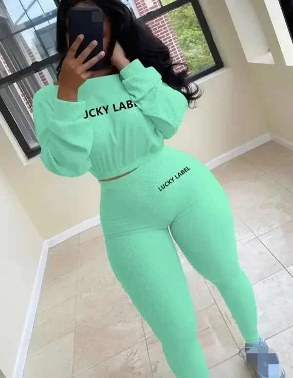 Fashion Summer Solid Lucky Label Letter Embroidery Two Piece Sets Women Sweatshirt+Leggings Casual Sporty Tracksuits Female - Image 21
