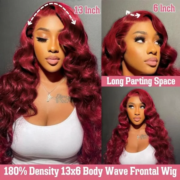 99J Burgundy Lace Frontal Wig 13x6 Body Wave Lace Front Wig HD Transparent Lace Frontal Wig Human Hair Pre Plucked 99j Red Color - Image 9
