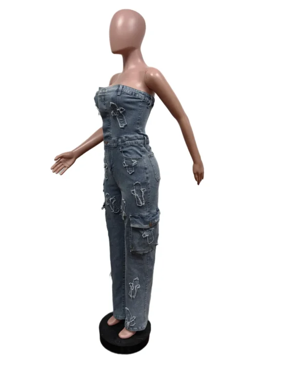 Multi Pockets Jeans Cargo Jumpsuit Sexy Women Strapless Elegant Denim Casual Overalls Romper - Image 5