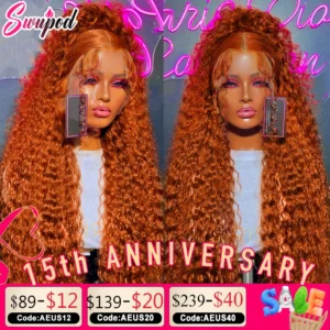 Swupod 13x4 13x6 220% Density Transparent HD Lace Front Wig for Women Deep Wave Remy Human Hair Ginger Orange 350# Loose Curly