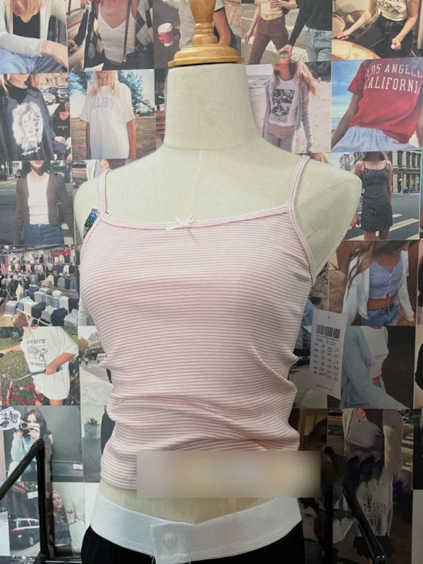 Sweet Pink Striped Lace Crop Top Cute Bow Soft Cotton Sleeveless Summer Camis Vests Women Vintage Harajuku Slim Tank Tops Y2k - Image 17