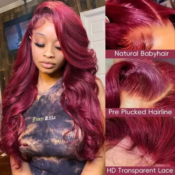 99J Burgundy Lace Frontal Wig 13x6 Body Wave Lace Front Wig HD Transparent Lace Frontal Wig Human Hair Pre Plucked 99j Red Color - Image 2