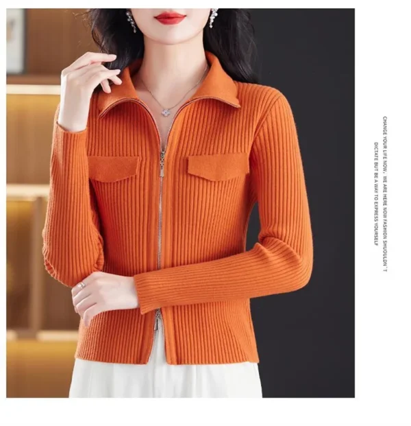 Fashion Zipper Short Knitted Cardigan Sweater 2025 Spring Autumn New Korean Versatile Coat Top Turn-Down Col Sweater Solid Color - Image 21