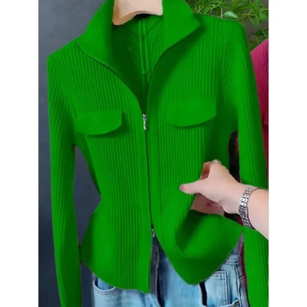 Fashion Zipper Short Knitted Cardigan Sweater 2025 Spring Autumn New Korean Versatile Coat Top Turn-Down Col Sweater Solid Color - Image 7