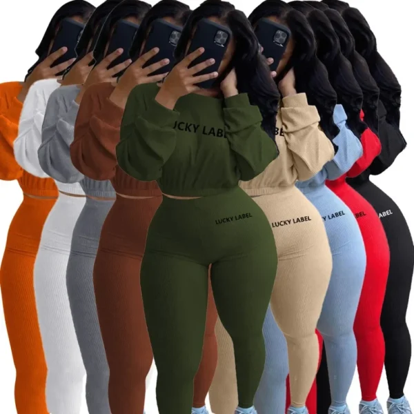 Fashion Summer Solid Lucky Label Letter Embroidery Two Piece Sets Women Sweatshirt+Leggings Casual Sporty Tracksuits Female - Image 24