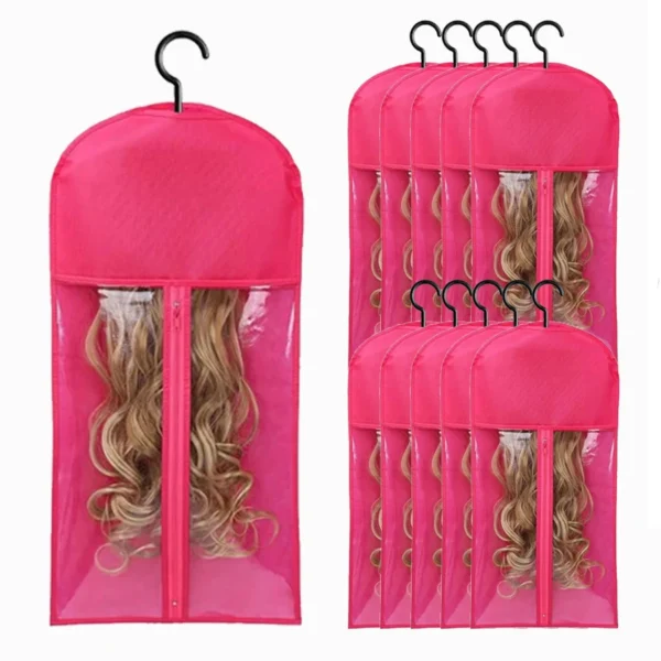 10pcs Long Hair Extensions Storage Bag Non-Woven Dust Proof Wigs Carrier Bags With Plastic Hanger For Home Organizer - Image 11