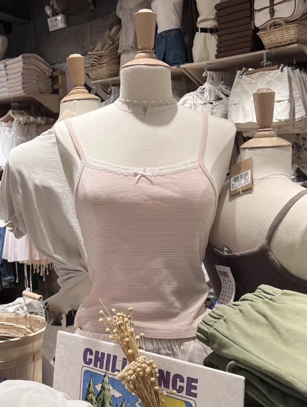 Sweet Pink Striped Lace Crop Top Cute Bow Soft Cotton Sleeveless Summer Camis Vests Women Vintage Harajuku Slim Tank Tops Y2k - Image 19