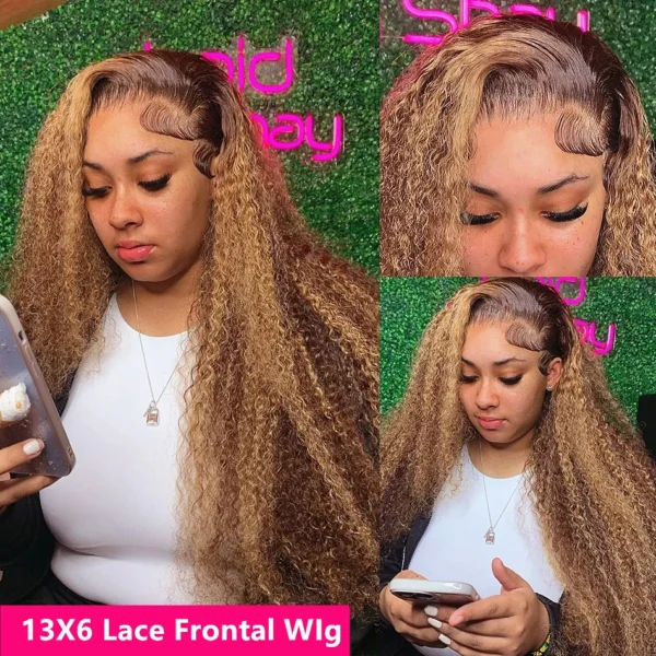 Hd Transparent Curly Highlight 13x6 Lace Frontal Wig Human Hair Deep Wave Blonde Ombre Color Water Wave Lace Font Wigs For Women - Image 3