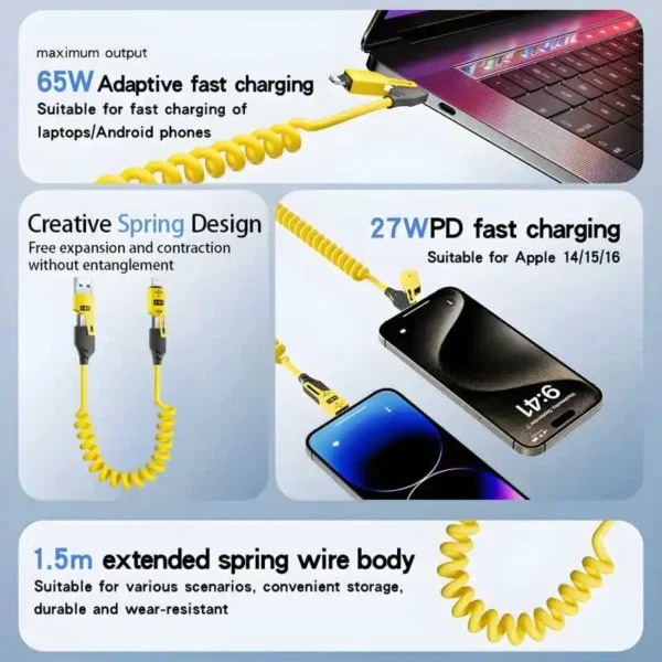 4 in 1 65W Spring Short Data Cable 6A USB Type C Spring Telescopic Quick Charger Wire Spring USB Cable for iPhone 15 14 13 12 - Image 6