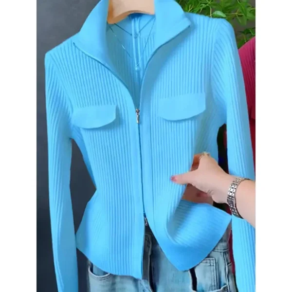 Fashion Zipper Short Knitted Cardigan Sweater 2025 Spring Autumn New Korean Versatile Coat Top Turn-Down Col Sweater Solid Color - Image 10