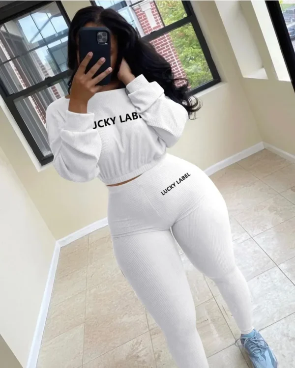 Fashion Summer Solid Lucky Label Letter Embroidery Two Piece Sets Women Sweatshirt+Leggings Casual Sporty Tracksuits Female - Image 13