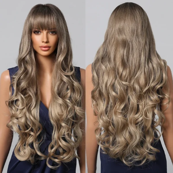 Loose Body Wave Synthetic Wigs Long Brown Blonde Ombre Wig with Bangs Wave Curl Wigs for Black Women Heat Resistant Daily Party - Image 7