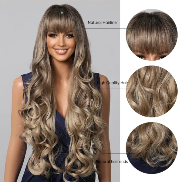 Loose Body Wave Synthetic Wigs Long Brown Blonde Ombre Wig with Bangs Wave Curl Wigs for Black Women Heat Resistant Daily Party - Image 12