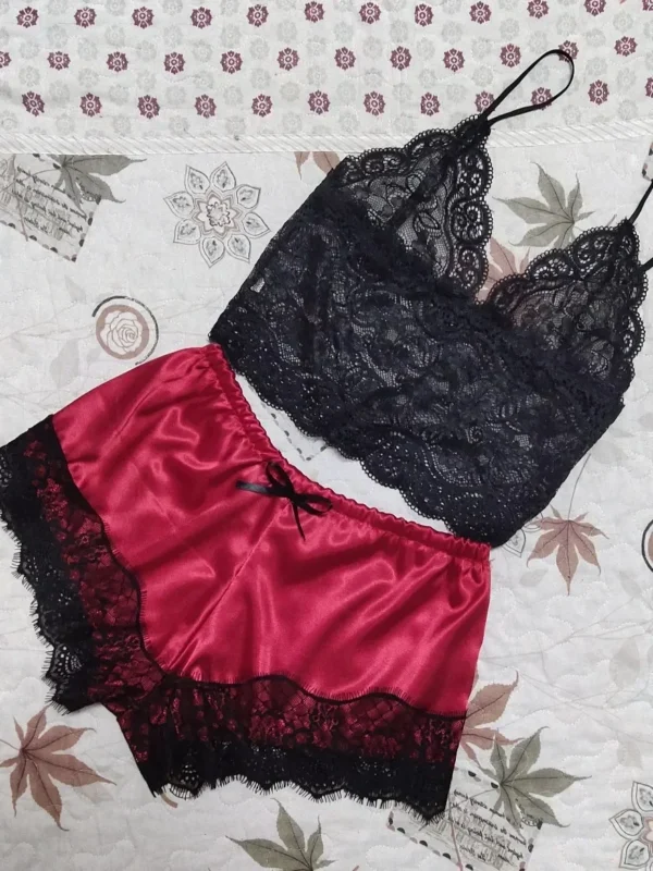 2 Pieces Pajamas Set for Women Sleepwear Sexy Lingerie Lace Silk Crop Tops and Shorts Sets Casual Nightwear Pijamas - Image 7