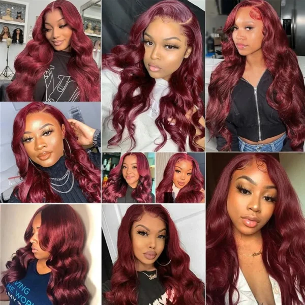 99J Burgundy Lace Frontal Wig 13x6 Body Wave Lace Front Wig HD Transparent Lace Frontal Wig Human Hair Pre Plucked 99j Red Color - Image 13