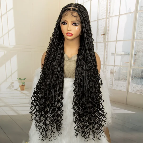 36 Inches Long Boho Braided Wigs with Baby Hair Synthetic Full Lace Knotless Box Braiding Wig with Curly Lace Frontal Wig - Image 15