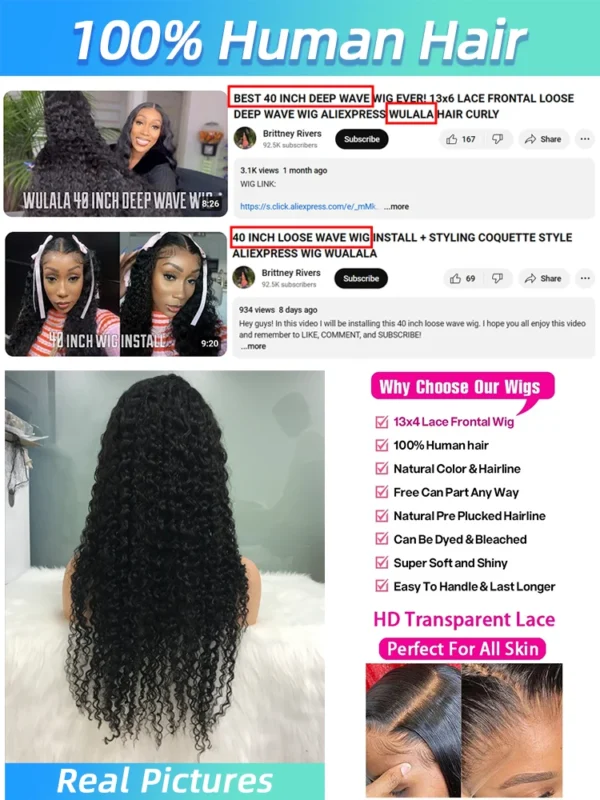 Wulala 40 Inch Deep Wave Lace Front Wig 13x6 Hd Lace Frontal Wig 13x4 Curly Human Hair Wigs For Women 4x4 360 Pre Plucked Lace - Image 8
