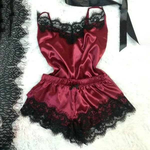 Fashion Nightwear Lace Trim Satin Cami Top Pajama Sets Sexy Hot Erotic Home Wear Women Pajamas Women Sleepwear Sleeveless Strap - Image 3