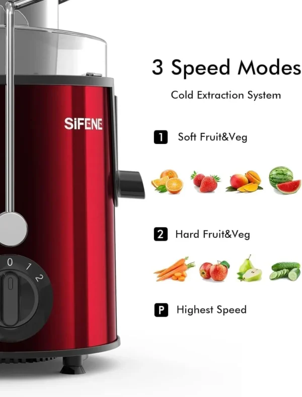 SiFENE 3" Big Mouth Centrifugal Juicer Extractor for Fruits & Vegetables, Compact Juicing Maker, Non-BPA, Easy to Clean, Red - Image 2