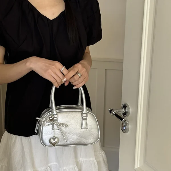 Silver Small Square Bag PU Handheld Crossbody Bag Bowling Bag Fashion Casual Women's Boston Commuter Bag - Image 4