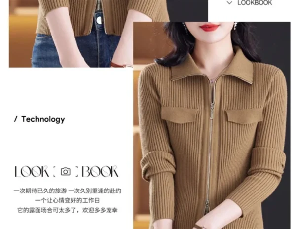 Fashion Zipper Short Knitted Cardigan Sweater 2025 Spring Autumn New Korean Versatile Coat Top Turn-Down Col Sweater Solid Color - Image 28