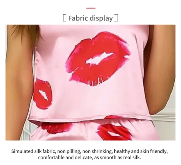Women's Satin Pajama Set with Lip Print V-Neck Cami Top and Elastic Pants For Women Pijama Comfortable Sleep and Loungwear - Image 14