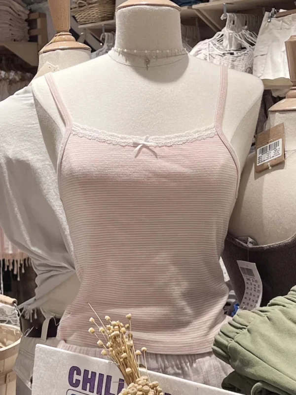 Sweet Pink Striped Lace Crop Top Cute Bow Soft Cotton Sleeveless Summer Camis Vests Women Vintage Harajuku Slim Tank Tops Y2k - Image 2