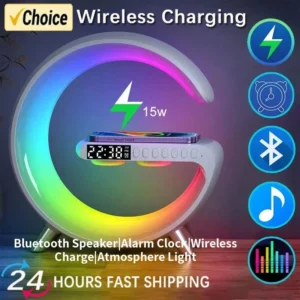 Multifunction RGB Light Bluetooth Speaker Alarm Clock 15W Wireless Charger Stand Pad For iPhone Samsung Fast Charging Station