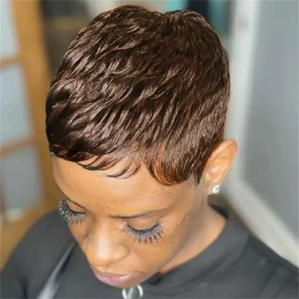 layered 4inch short straight 150% density human hair remy wig machine made pixie cut natural black 99j  brown color for women ﻿ - Image 3