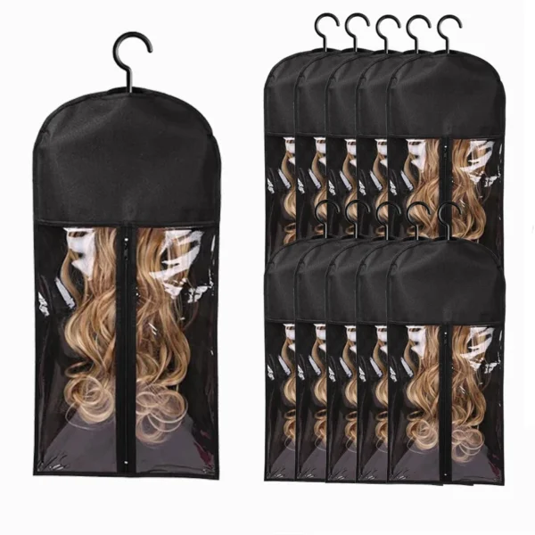 10pcs Long Hair Extensions Storage Bag Non-Woven Dust Proof Wigs Carrier Bags With Plastic Hanger For Home Organizer - Image 7