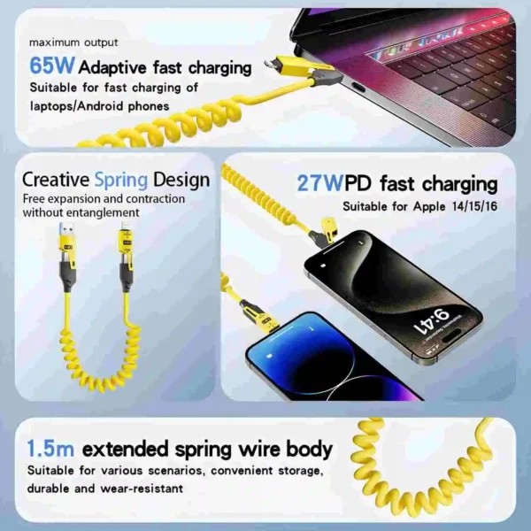 4 in 1 65W Spring Short Data Cable 6A USB Type C Spring Telescopic Quick Charger Wire Spring USB Cable for iPhone 15 14 13 12 - Image 11