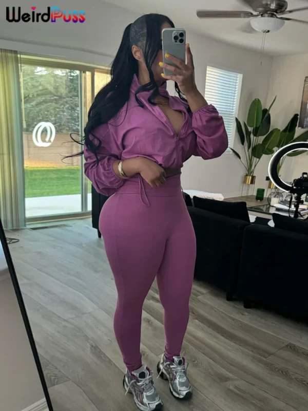 Weird Puss 2024 Autumn Women 2 Piece Set Casual Tracksuit Zipper Thin Drawstring Jacket+Leggings Matching Streetwear Sporty Suit - Image 5