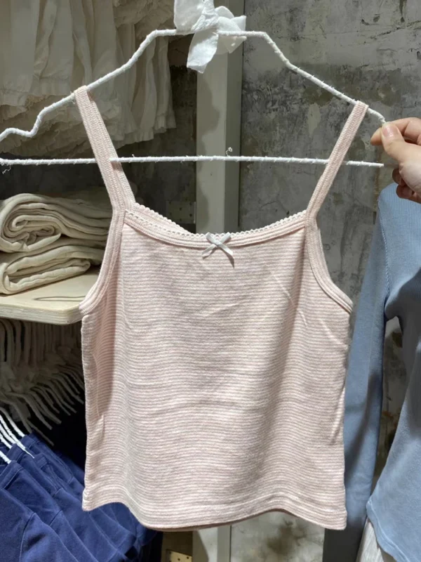 Sweet Pink Striped Lace Crop Top Cute Bow Soft Cotton Sleeveless Summer Camis Vests Women Vintage Harajuku Slim Tank Tops Y2k - Image 3