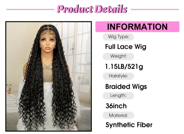 36 Inches Long Boho Braided Wigs with Baby Hair Synthetic Full Lace Knotless Box Braiding Wig with Curly Lace Frontal Wig - Image 8