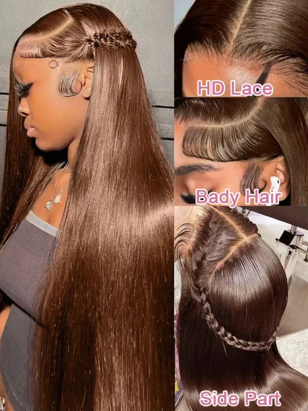 Chocolate Brown Straight 13x4 13x6 Hd Lace Frontal Wig Brazilian Colored T Part Human Hair Wigs For Women Preplucked 30 36 Inch - Image 3