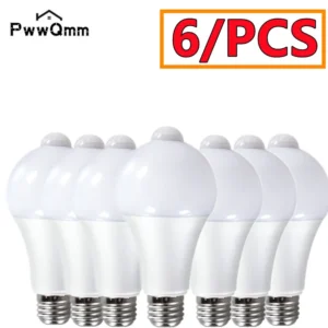 PwwQmm E27 6 PCS/ lot PIR Motion Sensor Lamp 9W 12W 15W 18W 220V LED Bulb with Motion Sensor Infrared Radiation Motion Detector