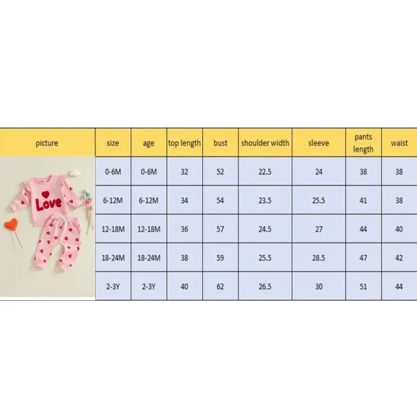 Baby Girls 2-piece Outfit Long Sleeve Embroidery Letters Hoodie with Heart Print Sweatpants Valentines Day Clothes Sets - Image 6