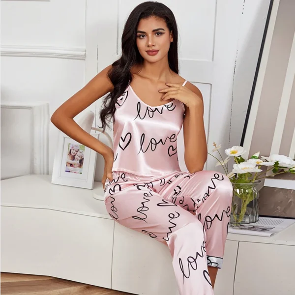 Women Satin Silk Pajamas Sets Letter Print Cami Vest Shirt With Trouser Sleepwear Ladie Sexy Pajama Lingerie Pyjamas Nightwear - Image 2