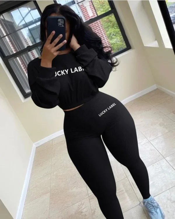 Fashion Summer Solid Lucky Label Letter Embroidery Two Piece Sets Women Sweatshirt+Leggings Casual Sporty Tracksuits Female - Image 7