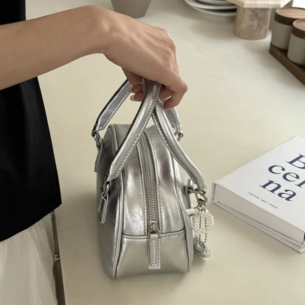 Silver Small Square Bag PU Handheld Crossbody Bag Bowling Bag Fashion Casual Women's Boston Commuter Bag - Image 6