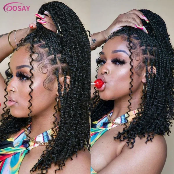 Short 12 Inch Bohemian Curly Braided Full Lace Front Wigs Knotless Box Braid Bob Wig Women Synthetic Locs Goddess Cornrow Braids - Image 14