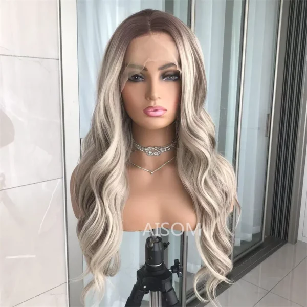 Body Wave Lace Front Wig Highlight Ash Blonde Lace Frontal Synthetic Wigs Pre Plucked Long Wavy Synthetic Lace Wig for Women - Image 2