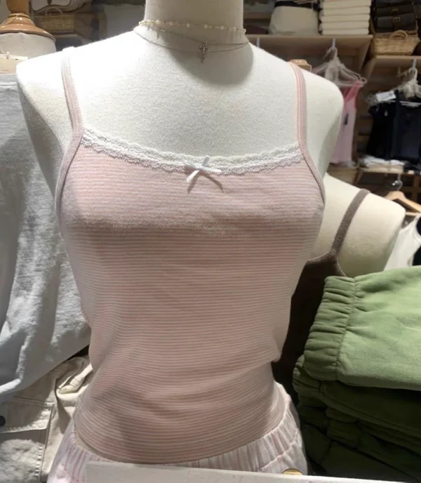 Sweet Pink Striped Lace Crop Top Cute Bow Soft Cotton Sleeveless Summer Camis Vests Women Vintage Harajuku Slim Tank Tops Y2k - Image 18